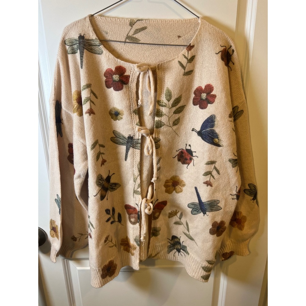 SHEIN Womens Cardigan Insect Floral Print Tie Front Beige 0XL